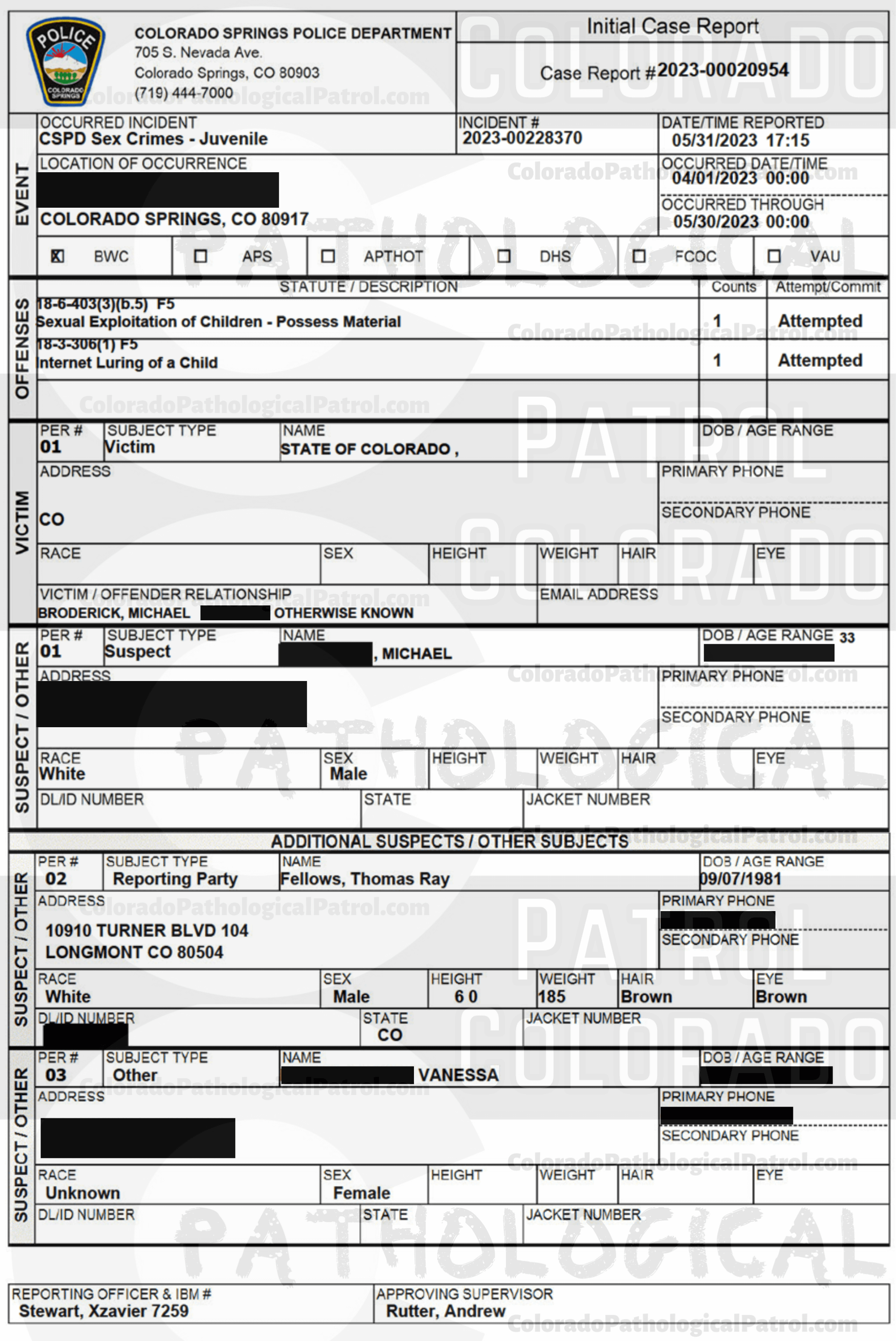 COLORADO PED PATROL CASE UPDATE : LIVE CATCH ON 5/31/23 MICHAEL BRODERICK COLORADO SPRINGS CASE #2023-00020954 "The officer documented that he reached out to the Colorado Ped Patrol to obtain screenshots of the chat, but there has been no response. I emailed the officer to confirm there has been no response from the Colorado Ped Patrol. At the time of this review, I do not have the following information: 1. The chats or screenshots used to communicate with the supposed suspect. 2. A venue of where this occurred - I only have the last known address of the supposed suspect. 3. Any recordings of the Colorado Ped Patrol’s interaction with the supposed suspect they interviewed. At this time, I am not assigning this investigation to a detective for any further follow-up. ...The Colorado ICAC Task Force to include CSPD ICAC has had numerous interactions with the Colorado Ped Patrol. They have been asked to no longer conduct investigative activities due to safety reasons when they go confront suspects. They have also been previously asked multiple times to provide full details of the chats and interviews if they proceed with their activities And they want CSPD to review their case. CSPD ICAC and the Colorado ICAC Task Force do not partner with Colorado Ped Patrol.” Since the Colorado Ped Patrol team won’t supply their supporters with this information, I have done it for you. This page includes clips of the NEXT SHIT SHAT DONE AFTER THE CATCH (6/2/23), THE UNEDITED 5/31/23 CATCH LIVESTREAM, and the case REPORT STATING THAT THIS CASE HAS BEEN INACTIVATED. For those of you who don’t get it, that means that because of Colorado Ped Patrol’s negligence, this alleged child predator is free to potentially continue preying on real, actual children (not adult decoys such as in this catch case). Smash that like button guysh! Hit up that CashApp and PayPal! Become a member! Buy that CPP merch! Save the kids! TFOH.