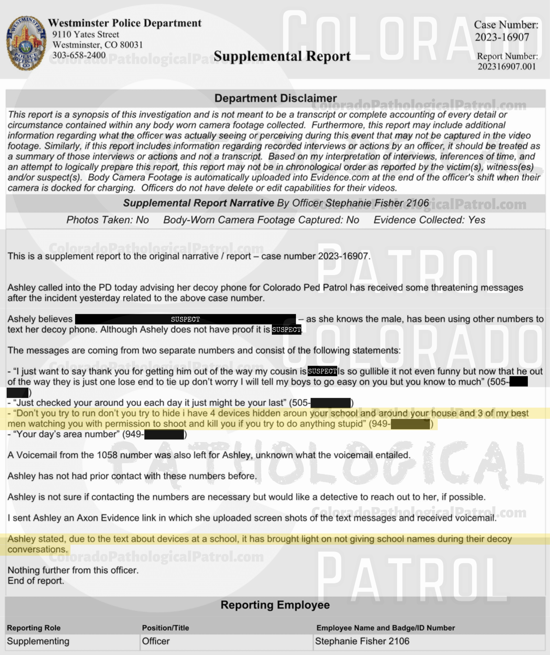 COLORADO PED PARTROL CASE UPDATE : LIVE CATCH ON 8/25/23 westminster case #2023-16907 "I reviewed the case file and the information provided by Thomas. In the information sent there was an audio file but it was unplayable. From previous cases involving Colorado Ped Patrol, Thomas Fellows has been repeatedly asked to ensure he provides the raw video file of his contact with the suspects. Fellows failed to provide the video footage... On 12/11/2023 I emailed Fellows requesting a copy of the audio messages left by *suspect* in an effort to get further context to his conversations with the decoy. Fellows responded by stating he had already provided the materials requested but stating he would provide them again. On 12/12/2023 I received digital evidence from Fellows which was once again incomplete and did not contain any new or additional information... Based on previous complaints submitted by Fellows he has been well informed on the requirements necessary to proceed with an investigation Fellows has repeatedly failed to provide full and detailed records that are required to meet a prosecution standard. As all reasonable leads have been exhausted I recommend that this case be inactivated.” Since the Colorado Ped Patrol team won’t supply their supporters with this information, I have done it for you. This page includes the case REPORT STATING THAT THIS CASE HAS BEEN INACTIVATED. For those of you who don’t get it, that means that because of Colorado Ped Patrol’s negligence, this alleged child predator is free to potentially continue preying on real, actual children (not adult decoys such as in this catch case). Smash that like button guysh! Hit up that CashApp and PayPal! Become a member! Buy that CPP merch! Save the kids! TFOH.